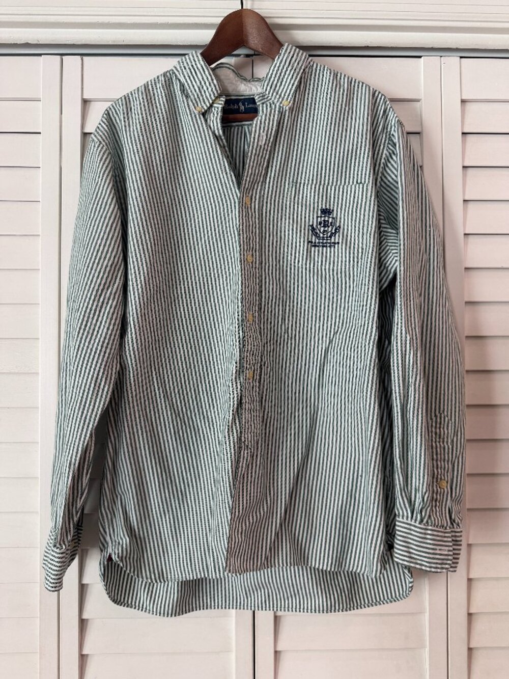 Vintage Ralph Lauren Green and White Striped Crest Long Sleeve Shirt - Size L